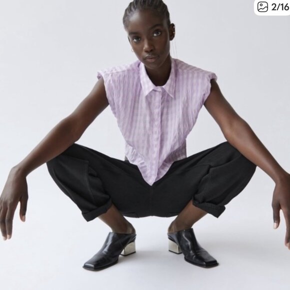 Zara Lilac Gingham Shoulder Pad Cropped Blouse Size S - Picture 6 of 10